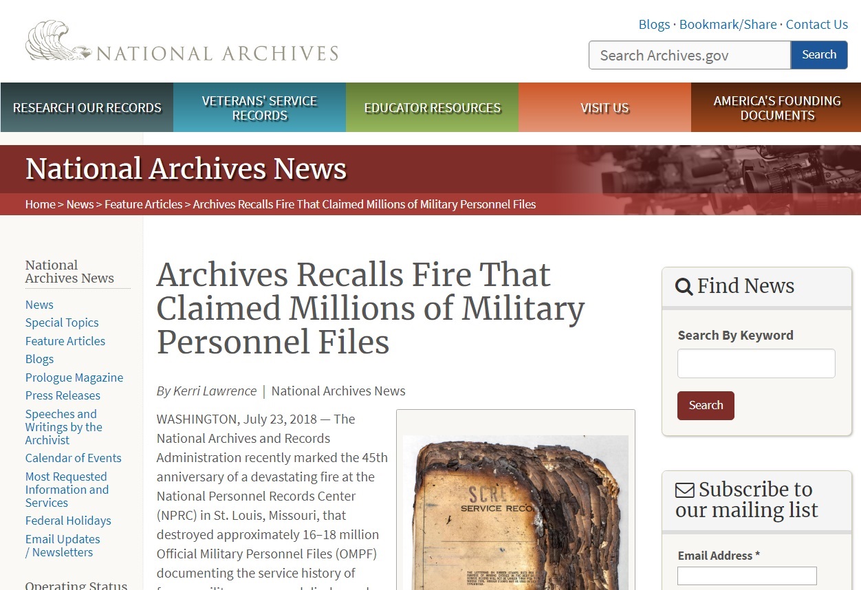 NPRC軍事人員檔案遭逢火災45周年紀念