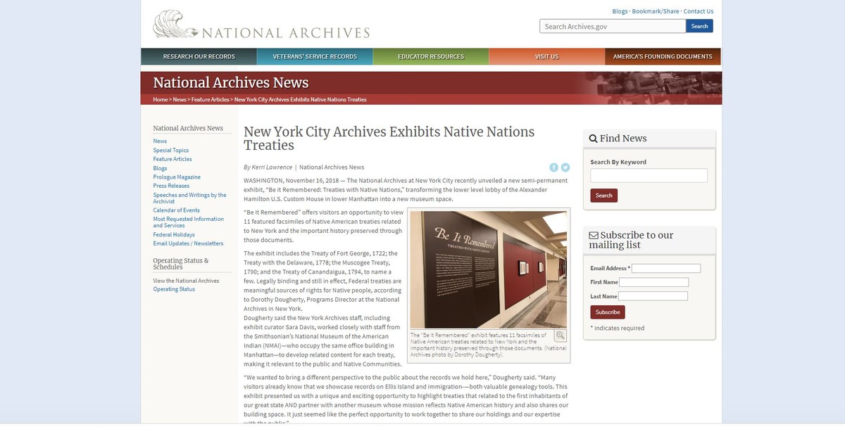 紐約市檔案館展出與紐約有關的原住民協議