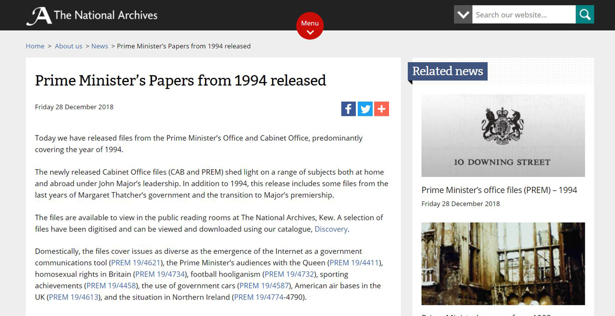 約翰‧梅傑首相1994年檔案公開