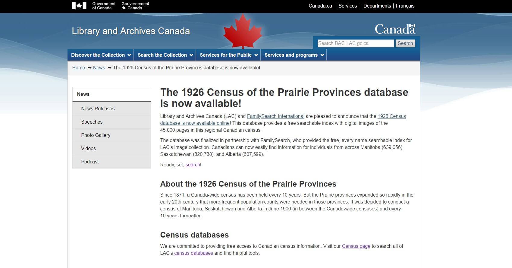 1926年加拿大草原諸省人口普查資料庫上線