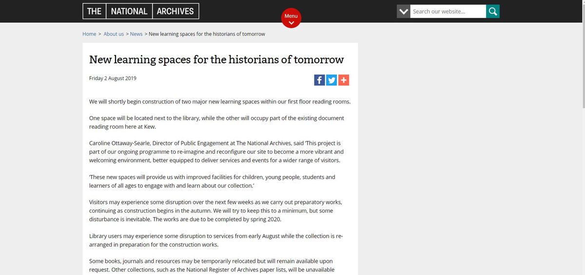 英國國家檔案館規劃新檔案閱覽學習空間