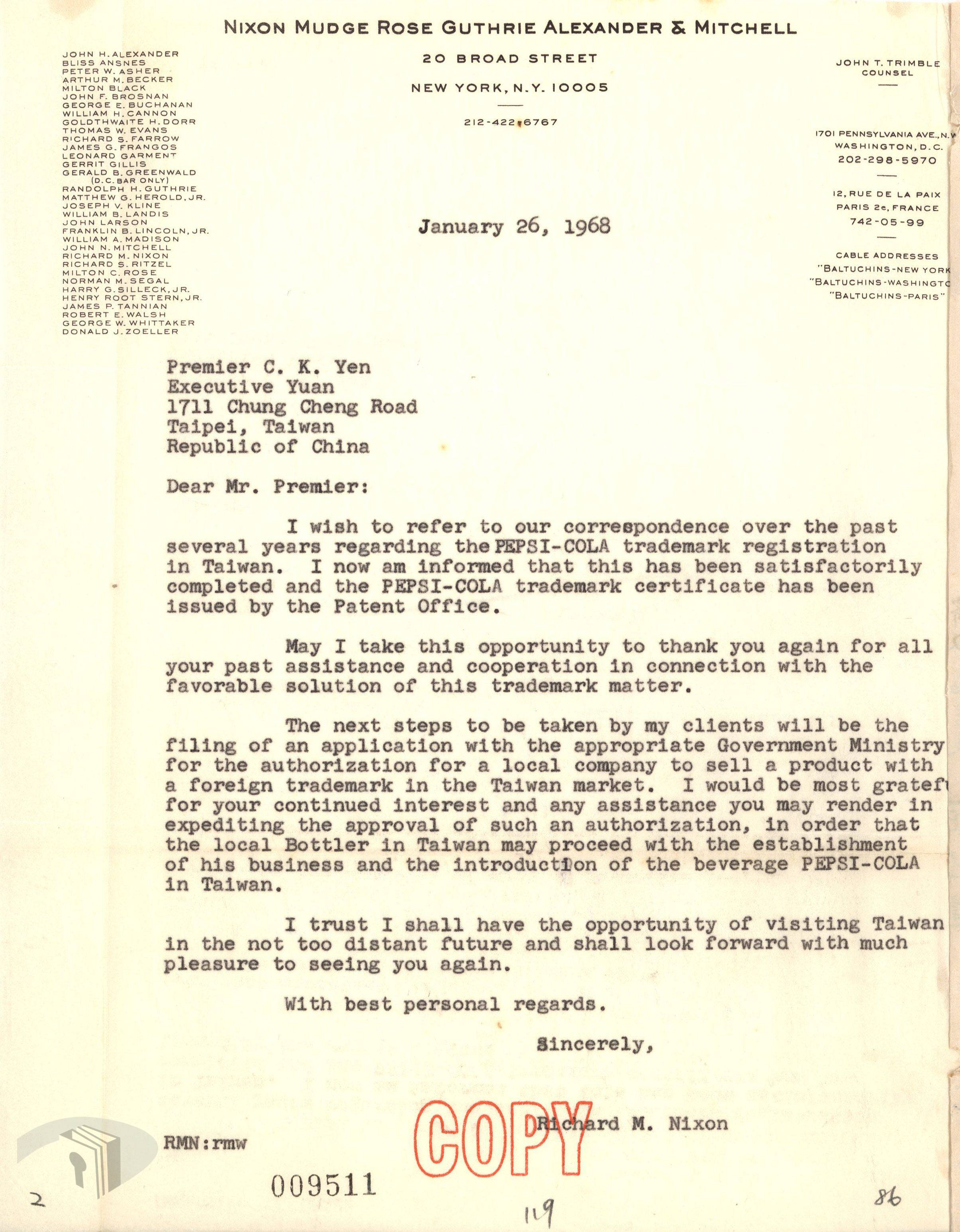 圖8 1968年1月26日尼克森寄給行政院長嚴家淦的感謝信