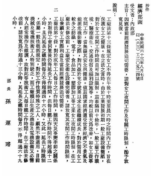 圖12 1974年政府放寬女工夜間工作限制，並於翌年修正《工廠法》，使夜班勞動納入制度管理
