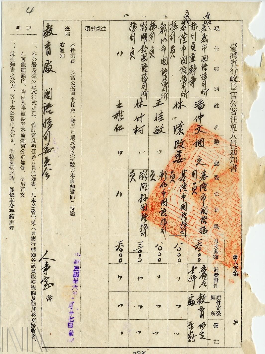 圖2 臺灣省行政長官公署，將國語補習班人員調派到各縣市擔任國語推行委員