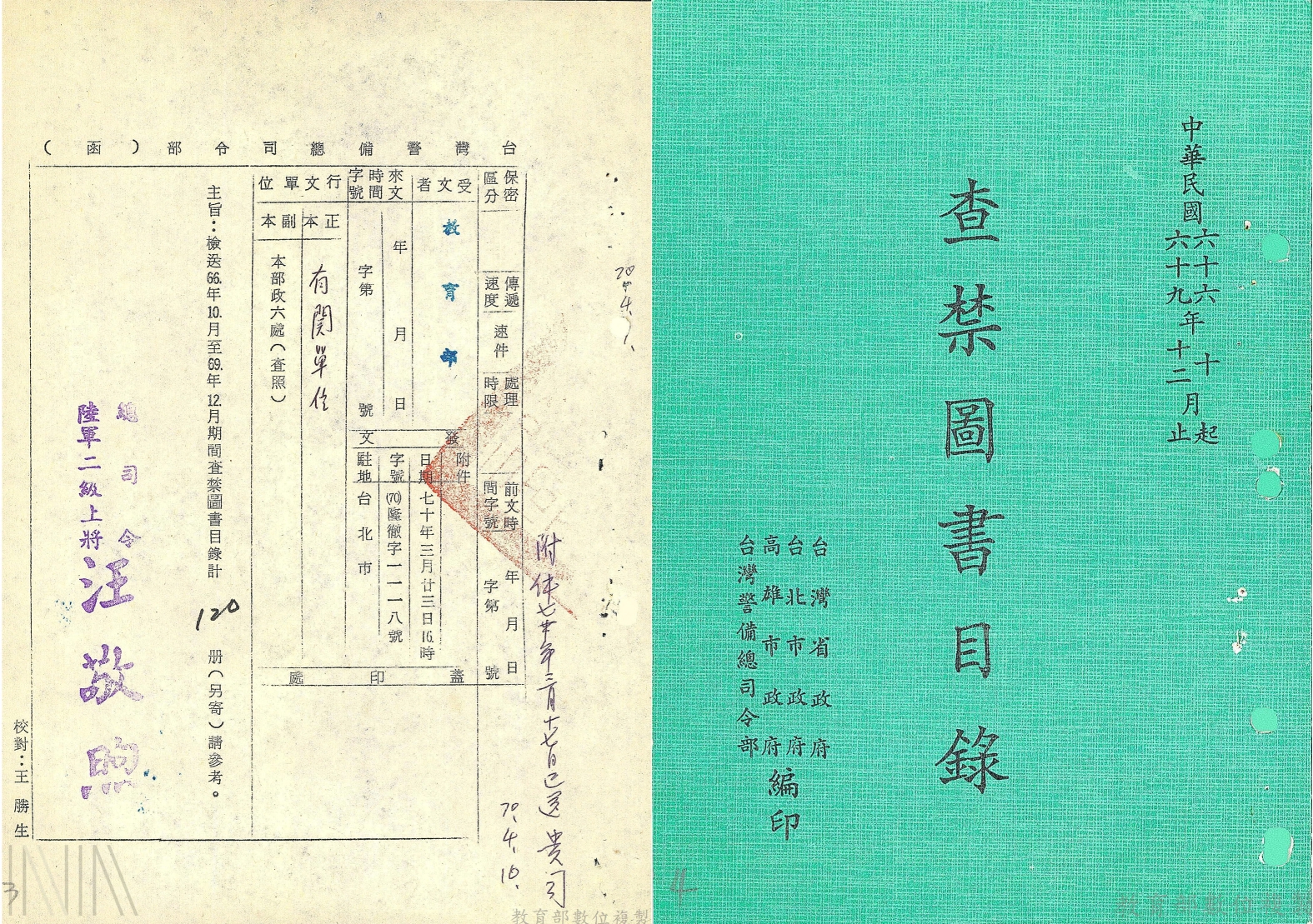 圖4 臺灣省保安司令部編印查禁圖書目錄，並由教育部等機關轉發。檔號：AA09000000E/0070/522.06/A1/0001/28