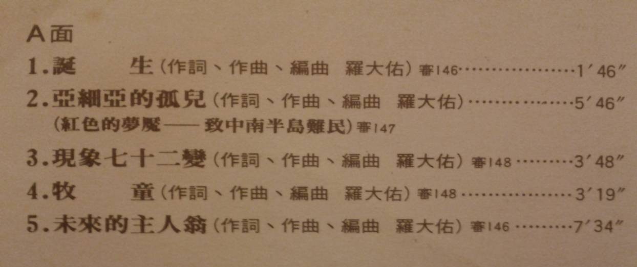 圖12　《未來的主人翁》唱片A面文案，〈亞細亞的孤兒〉加註副標題「紅色的夢魘，致中南半島難民」，並標示經第147次審查會通過（徐睿楷提供）