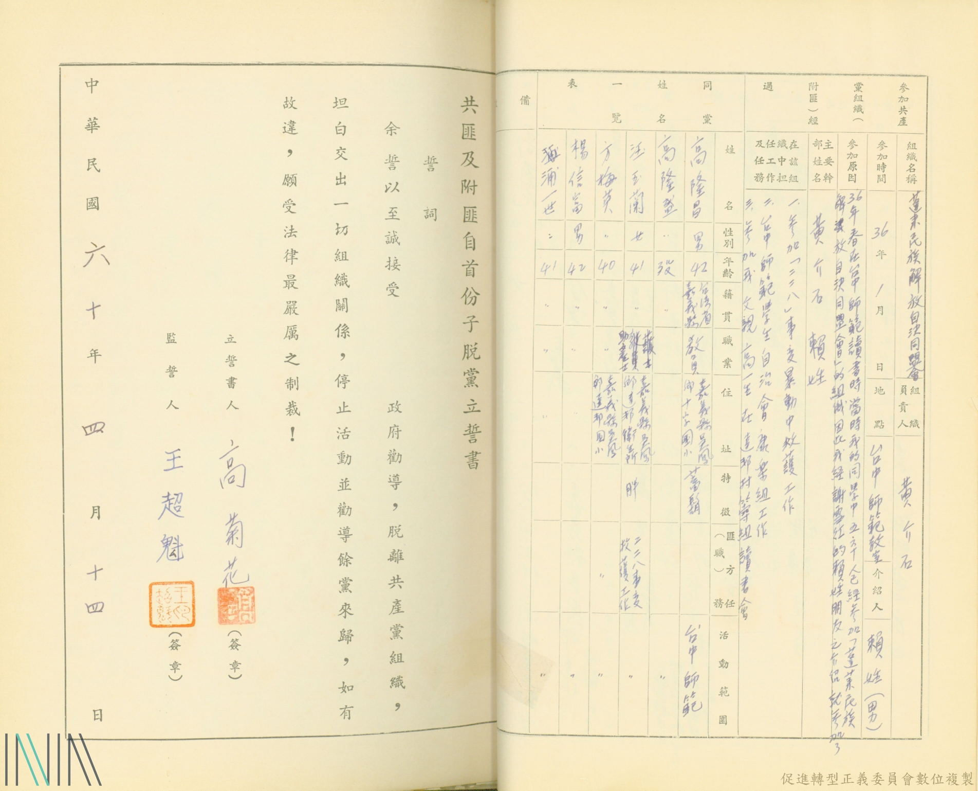 圖8　高菊花自首過程。檔號：AA11010000F/0059/301/01989